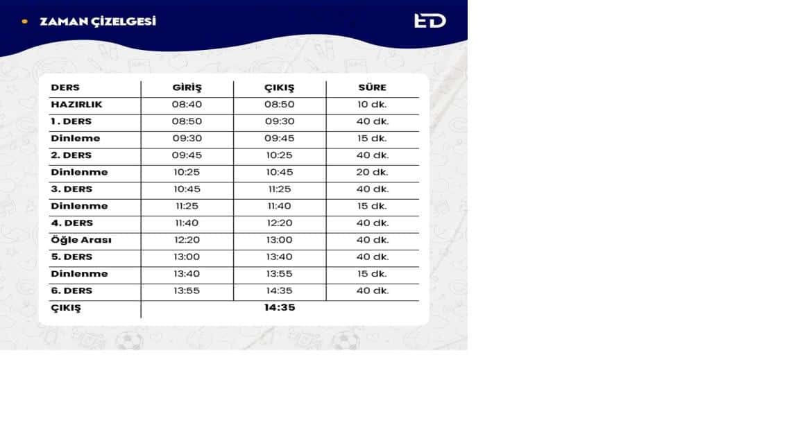 Erhan Dedeoğlu İlkokulunun Vakit Çizelgesi